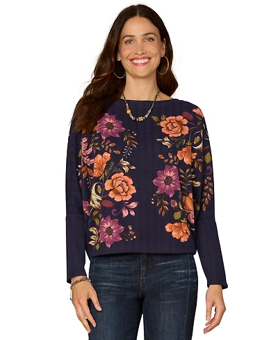 Democracy Petite Long-Sleeve Batwing Surplus Placement Print Knit Top