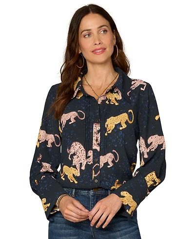 Democracy Petite Long-Sleeve Printed Woven Top