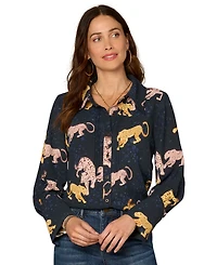 Democracy Petite Long-Sleeve Printed Woven Top