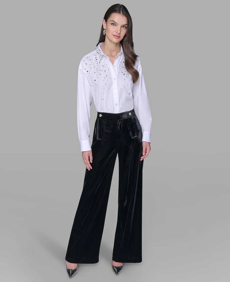 Karl Lagerfeld Paris Women's Velvet Wide Leg Straight Pants