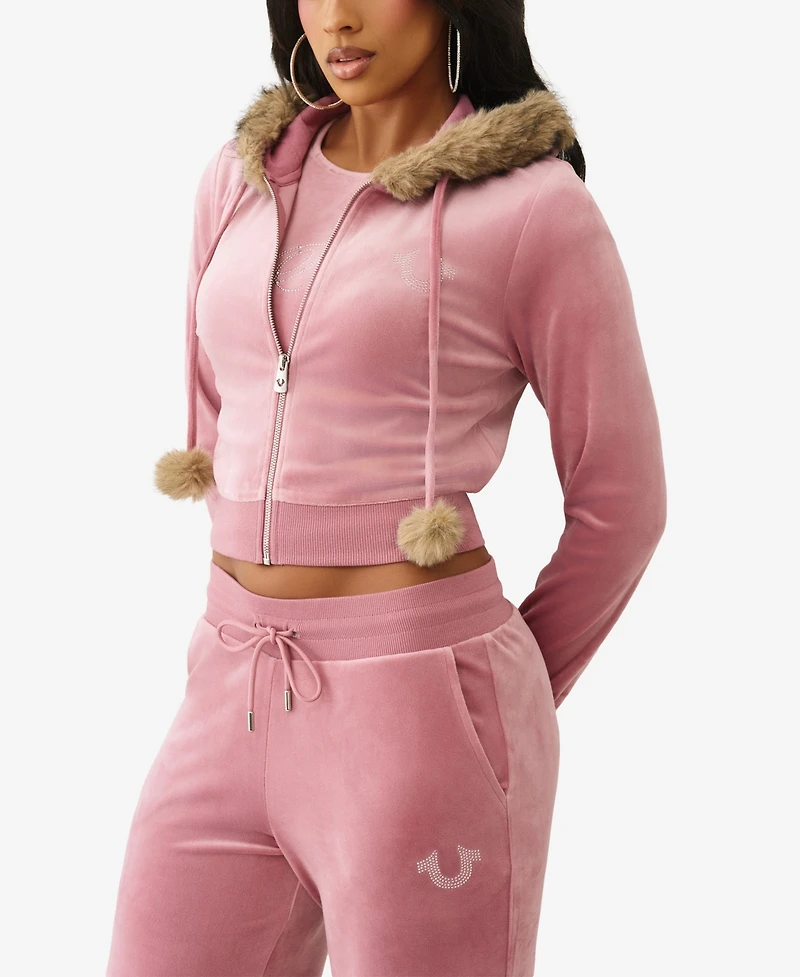 True Religion Women's Crystal Velour Shrunken Hoodie