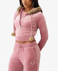 True Religion Women's Crystal Velour Shrunken Hoodie