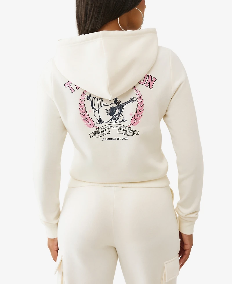 True Religion Women's Metallic Buddha Banner Zip Up Hoodie