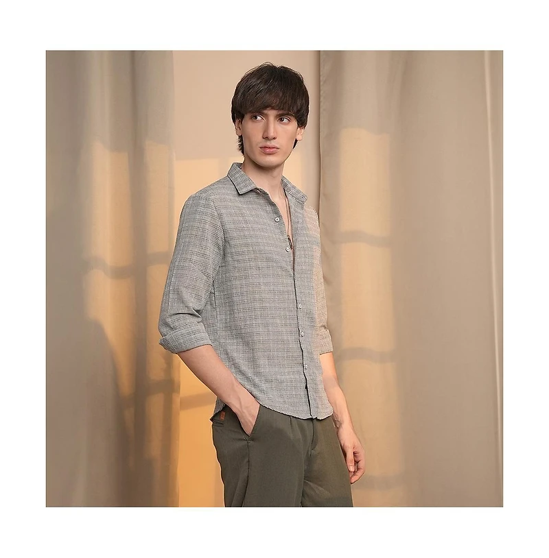 Campus Sutra Men's Ash Grey Micro-Tartan Plaid Shirt