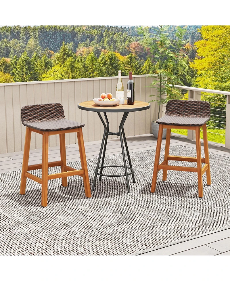 Gymax Solid Acacia Wood Bar Stools Set of Rattan Bar Height Patio Chairs for Porch