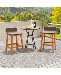 Gymax Solid Acacia Wood Bar Stools Set of Rattan Bar Height Patio Chairs for Porch
