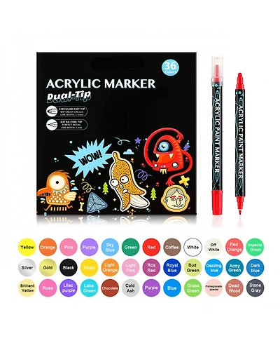 Htutwoo 36 Colors Waterproof Dual Tip Paint Pens, Premium Acrylic Markers for Wood, Rock Painting, Canvas, Ceramic Surfaces and Diy Crafts Making