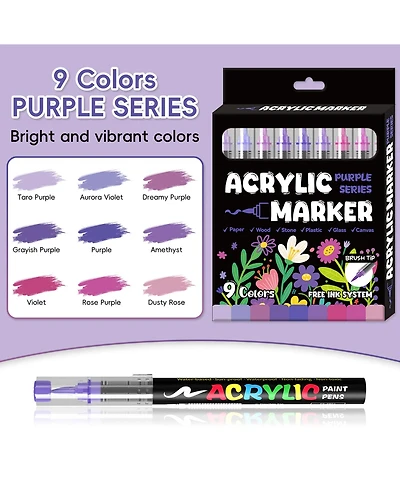 Htutwoo 9 Colors Purple Series Acrylic Markers, Soft-Tip Direct-Ink Pigment Pens, Automatic Ink Control for Rock, Egg, Wood, Glass, Paper