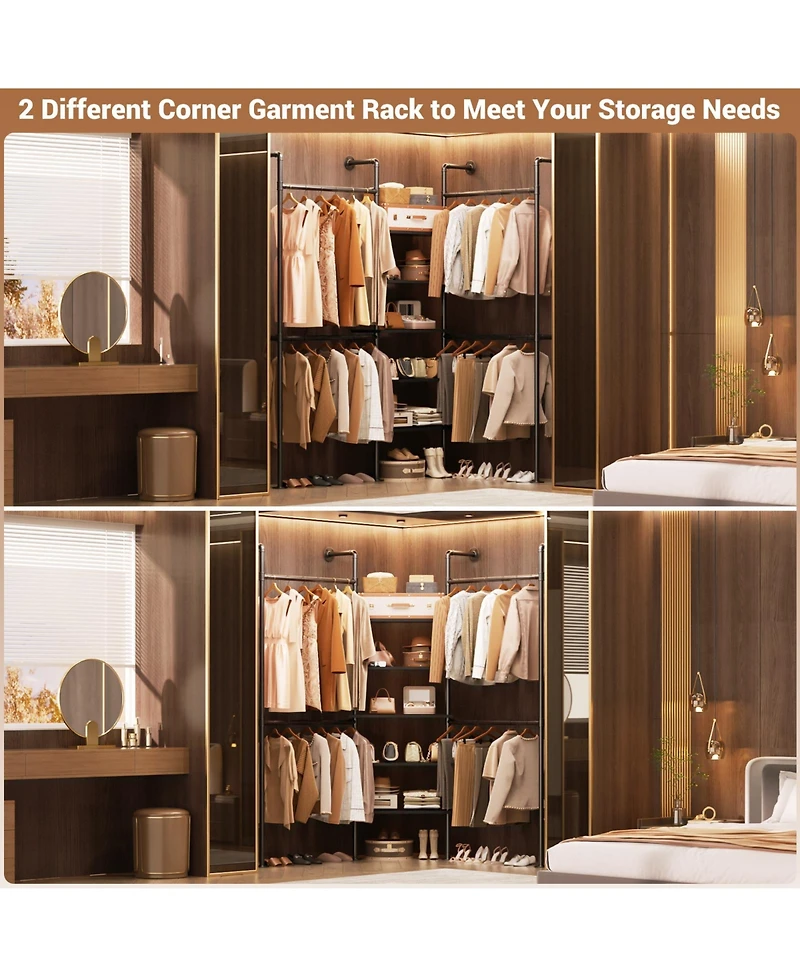 Aheaplus 6.42FT Industrial Metal Pipe Clothing Rack, Reversible Clothes Rack with 5 Shelves and 4 Hanging Rods