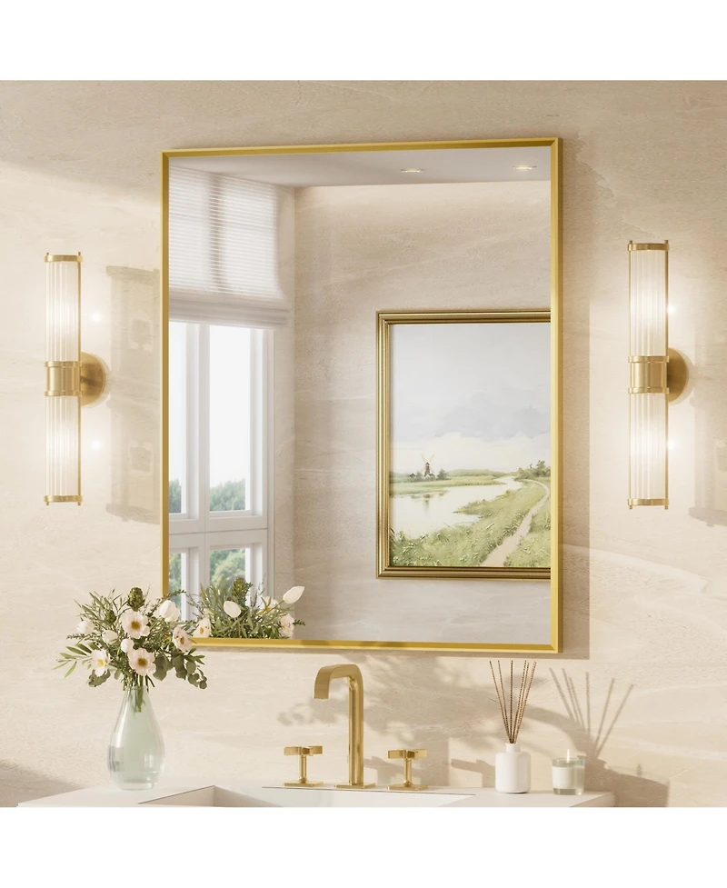 Keonjinn 30x36 Inch Brushed Gold Bathroom Vanity Mirror Metal Framed Over Sink Wall Mirror Horizontal/Vertical