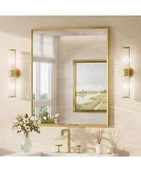Keonjinn 30x36 Inch Brushed Gold Bathroom Vanity Mirror Metal Framed Over Sink Wall Mirror Horizontal/Vertical