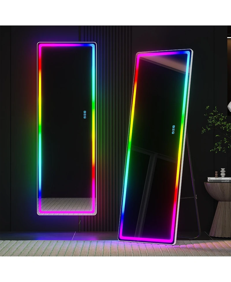 Vlsrka Wall-mounted or freestanding rectangular full-length mirror with adjustable Rgb lighting.