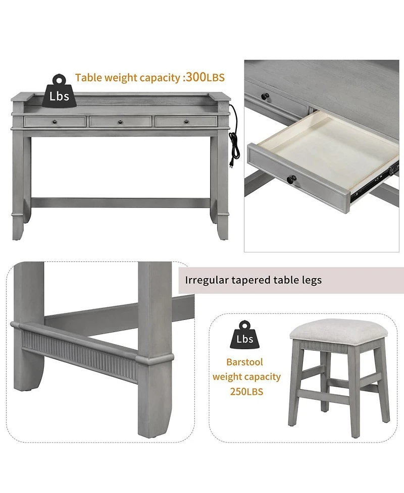 Maison Boucle 4-Piece Counter Height Dining Set with 3 Upholstered Stools, Storage Drawers & Usb Charging for Small Spaces