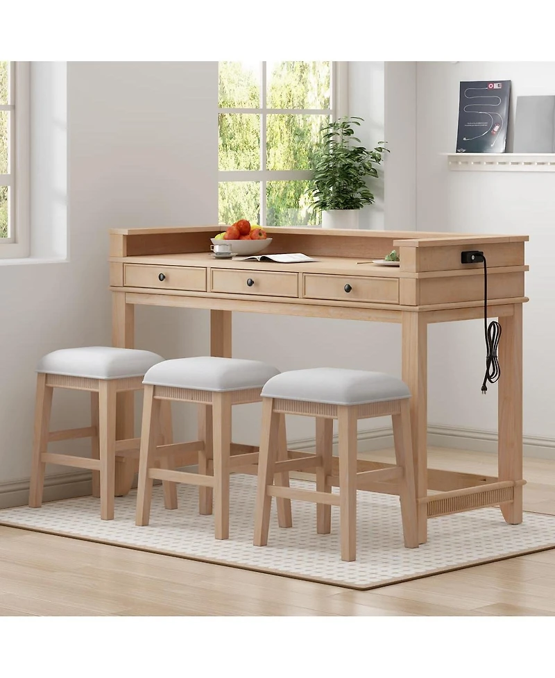 Maison Boucle 4-Piece Counter Height Dining Set with 3 Upholstered Stools, Storage Drawers & Usb Charging for Small Spaces