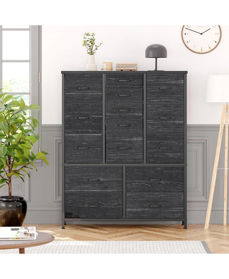 15 Drawers Fabric Dresser for Bedroom, Tall Vertical Storage Dresser & Chests of Drawers, Storage Drawer Organizer w/Metal Frame, Wooden Top for Close