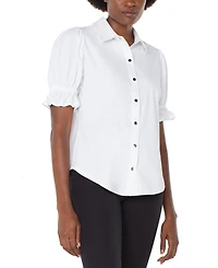 Liverpool Los Angeles Women's Elbow Puff Sleeve Snap Front Collar Top