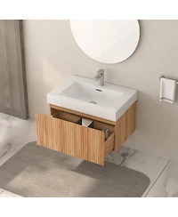 Boyel Living 30" Bathroom Vanity – Wall-Mount Floating Cabinet, Acacia Plywood Finish, Integrated Sink & Basin