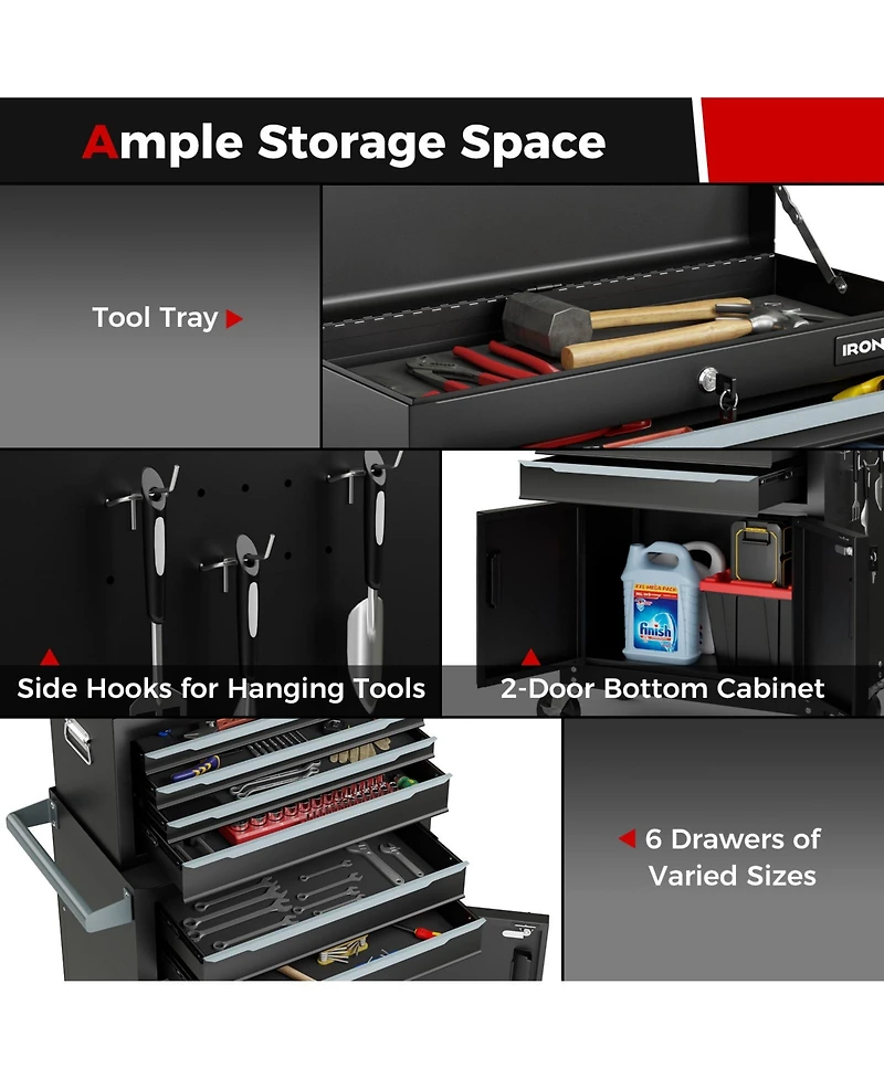 Sugift 6-Drawer Rolling Tool Storage Chest Cabinet with Universal Wheels and Hooks