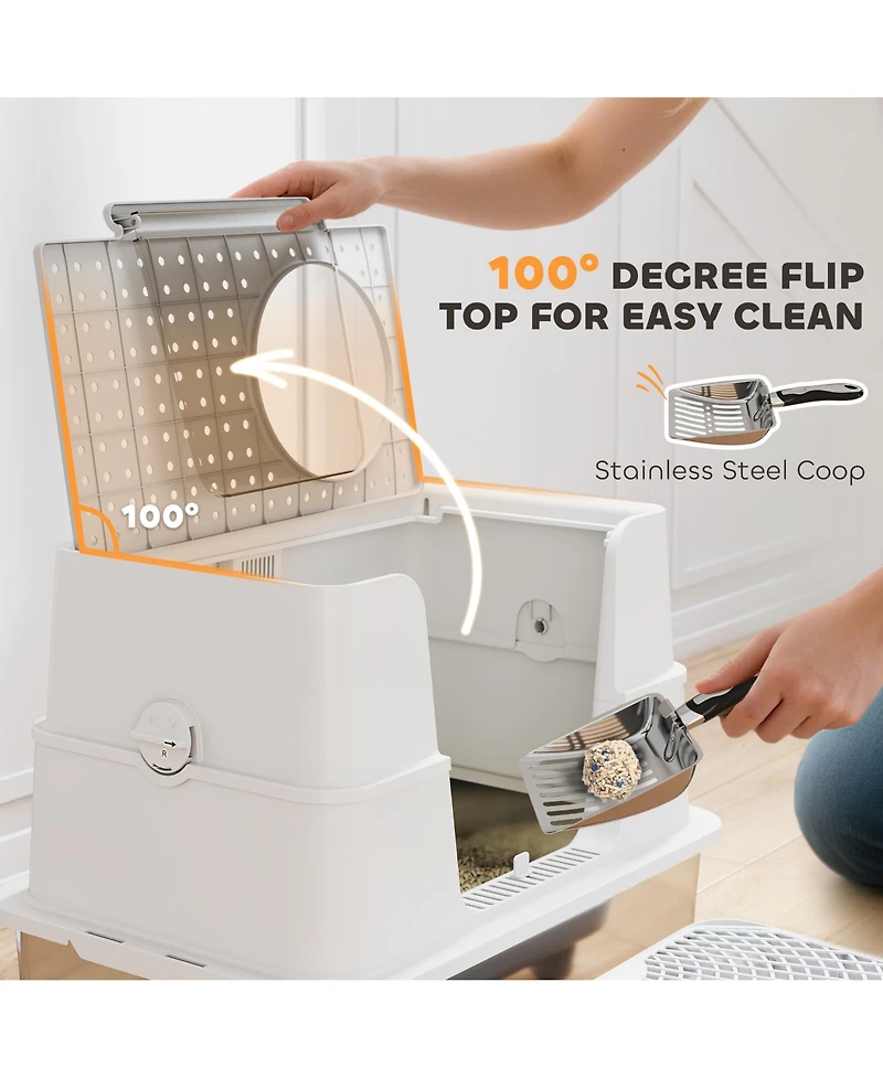 PawHut Xl Stainless Steel Litter Box with 100° Flip Top, Scoop, Step