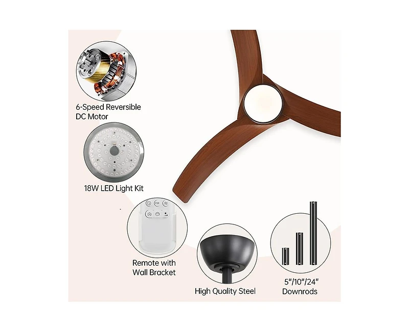 Sofucor 52-inch Modern Black Standard 3-Blade Ceiling Fan With Remote and Led Light