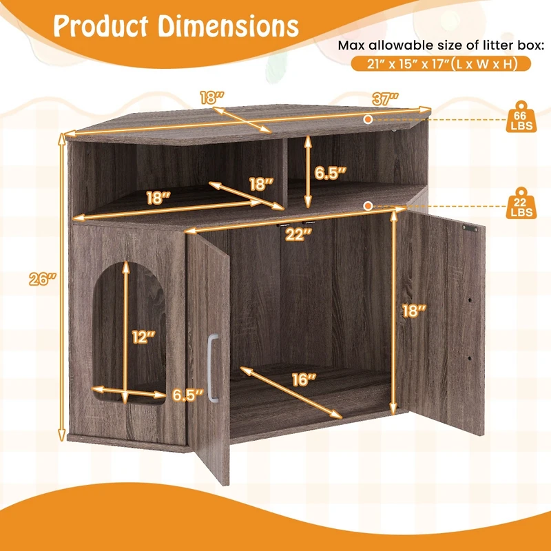 Gymax 3-Tier Modern Corner Cat Litter Box Enclosure w/ Storage Shelves Double Doors