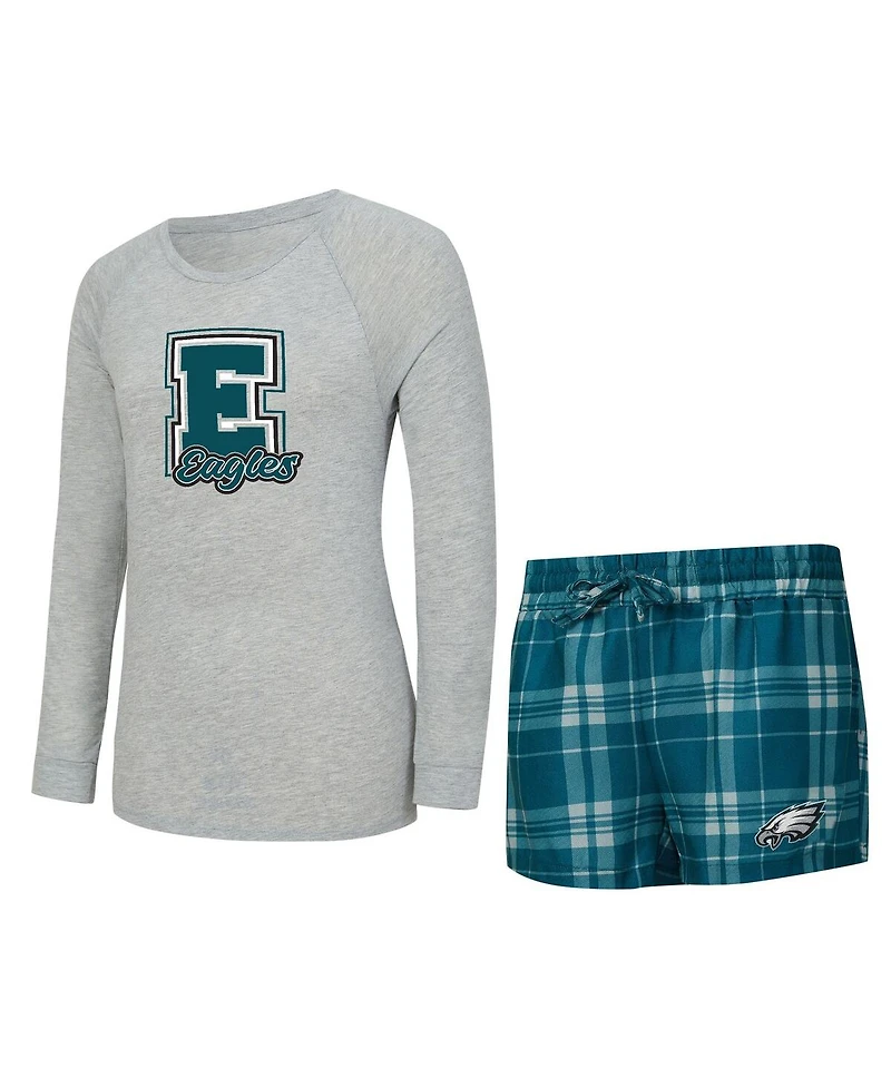 Concepts Sport Women's 2-Piece Gray/Midnight Green Philadelphia Eagles Regulate Plaid Long-Sleeve T-Shirt and Shorts Sleep Set