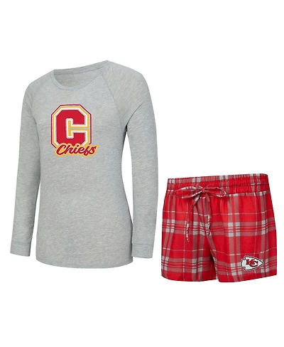 Concepts Sport Women's 2-Piece Heather Gray/Red Kansas City Chiefs Regulate Plaid Long-Sleeve T-Shirt and Shorts Sleep Set