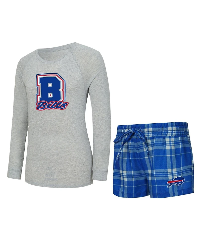 Concepts Sport Women's 2-Piece Heather Gray/Royal Buffalo Bills Regulate Plaid Long-Sleeve T-Shirt and Shorts Sleep Set