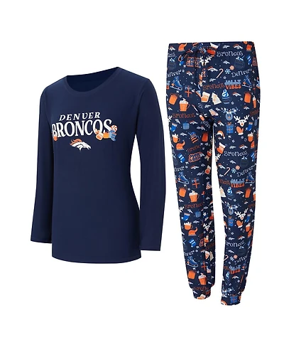 Concepts Sport Women's 2-Piece Navy Denver Broncos Chestnut Long Sleeve T-Shirt and Pant Sleep Set
