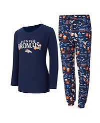 Concepts Sport Women's 2-Piece Navy Denver Broncos Chestnut Long Sleeve T-Shirt and Pant Sleep Set
