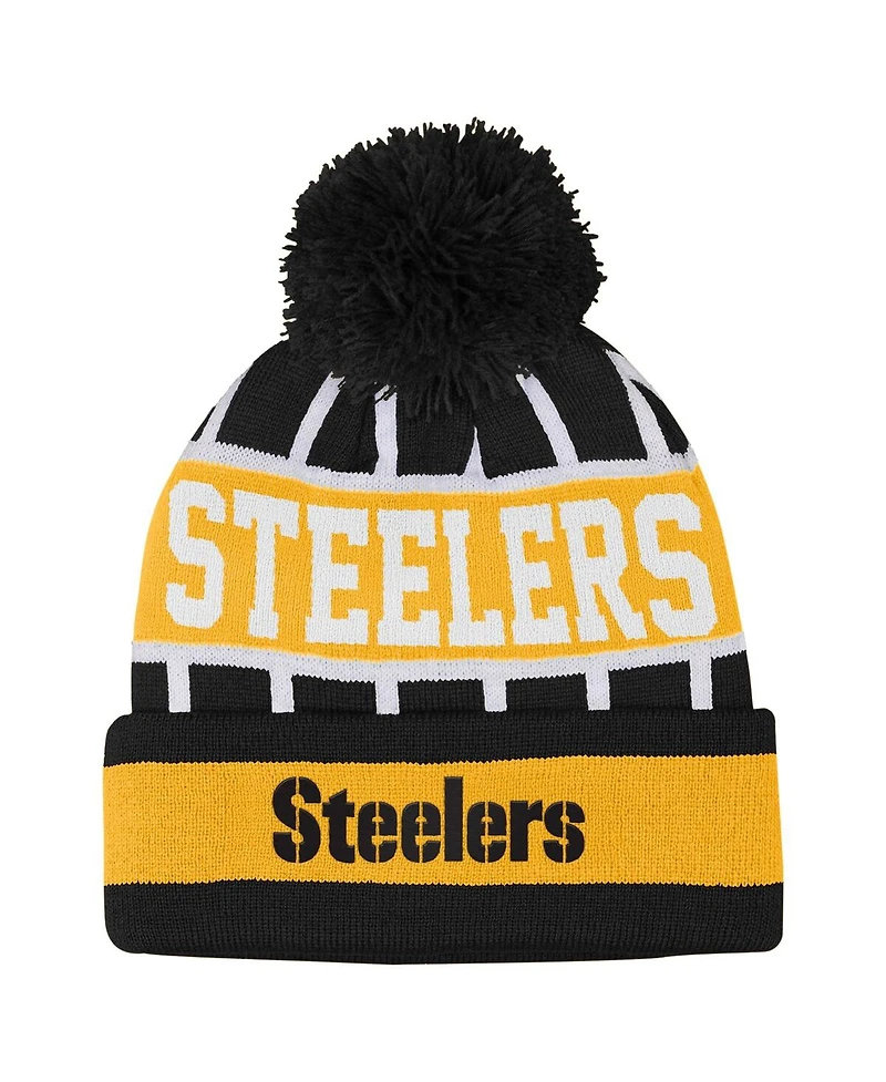 Outerstuff Big Boys and Girls Black Pittsburgh Steelers Go Fast Cuffed with Pom Knit Hat
