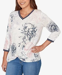 Ruby Rd. Petite Botanical Stamp Knit Twist Front Top