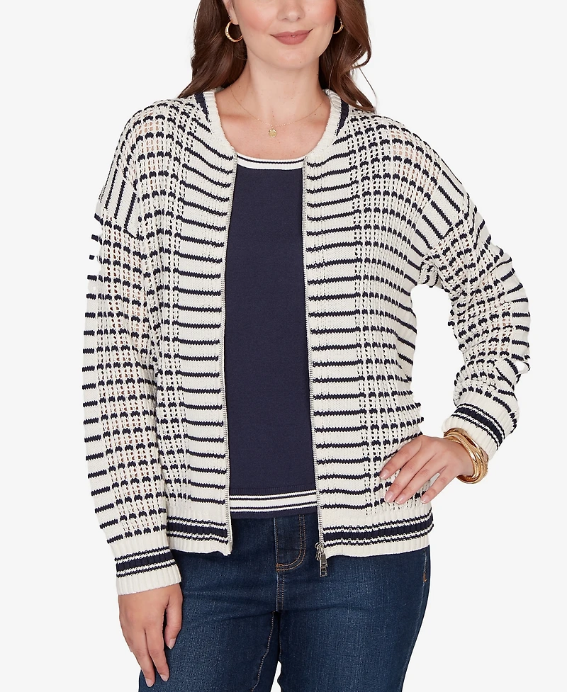 Ruby Rd. Petite Mesh Stitch Zip Sweater Jacket