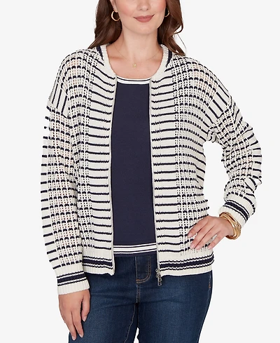 Ruby Rd. Petite Mesh Stitch Zip Sweater Jacket