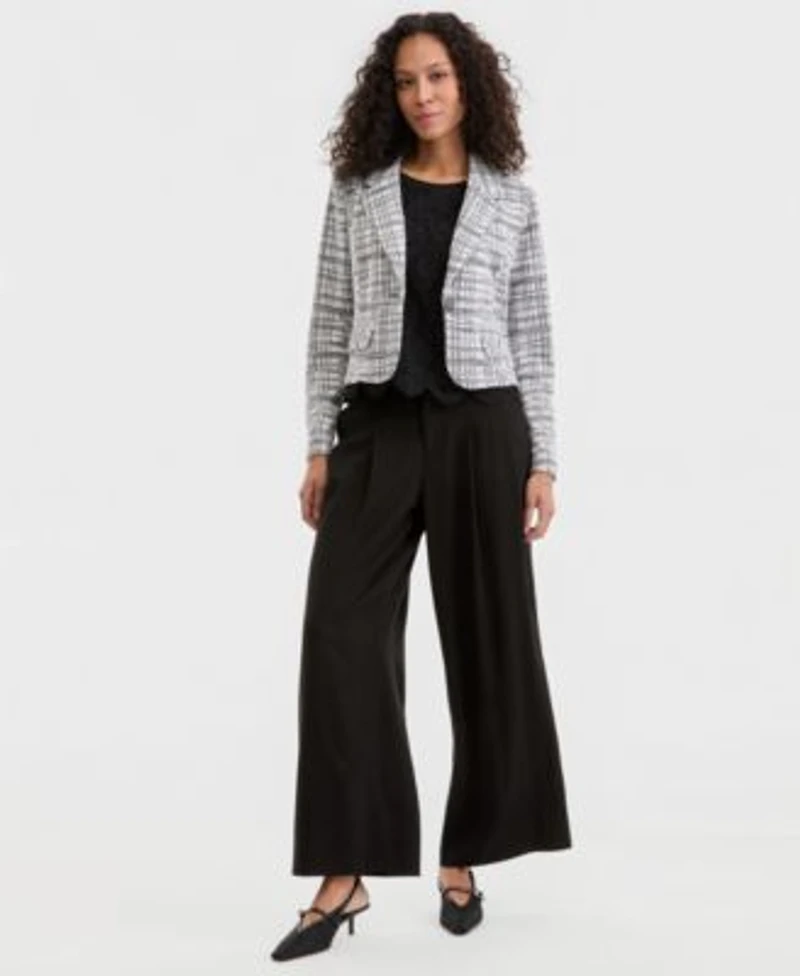 Liverpool Los Angeles Womens Notch Collar Cropped Blazer Sleeveless Lace Knit Top Notch Collar Cropped Blazer