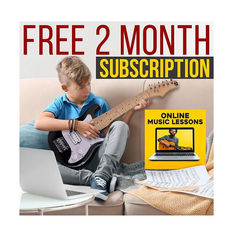 Pyle 30" Kids Electric Guitar Kit with Amplifier, Accessory Pack - Black Gloss, PEGKT30