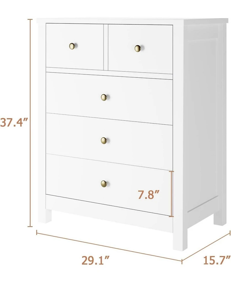 5 Drawer Dresser, Wooden Chest of Drawers, Modern Storage Tower with Metal Handles, Storage Organizer Unit with Deep Space for Bedroom, Living Room, H