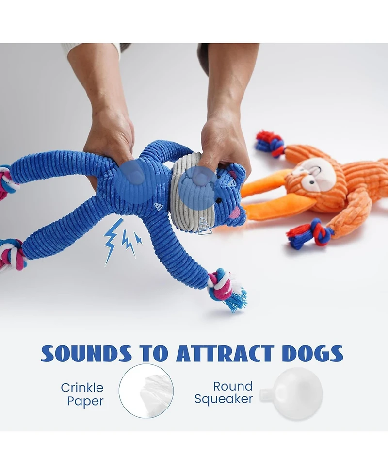 Nocciola 2 Pack Frog & Squirrel Dog Plush Toys, Interactive Squeaky Dog Toys with Crinkle Paper, Rope Toys for Tug of War, Chew Toys for Teething