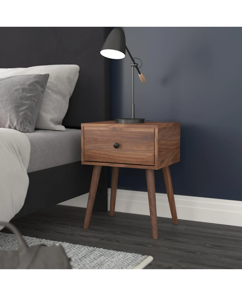 Beverly Mid-Century Modern Wooden Night Stand With Soft Close Drawer And Sleek Tapered Legs With Protective Floor Glides