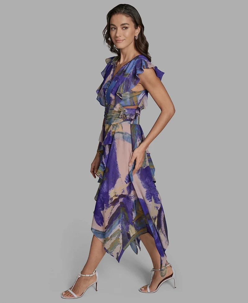 Bcbg Women's Handkerchief Hem Ruffle V-Neck Midi Dress