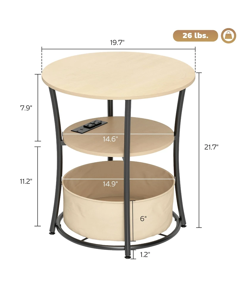 Homcom Side Table with Charging Station, 3-Tier Round End Table, Natural