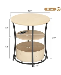 Homcom Side Table with Charging Station, 3-Tier Round End Table, Natural