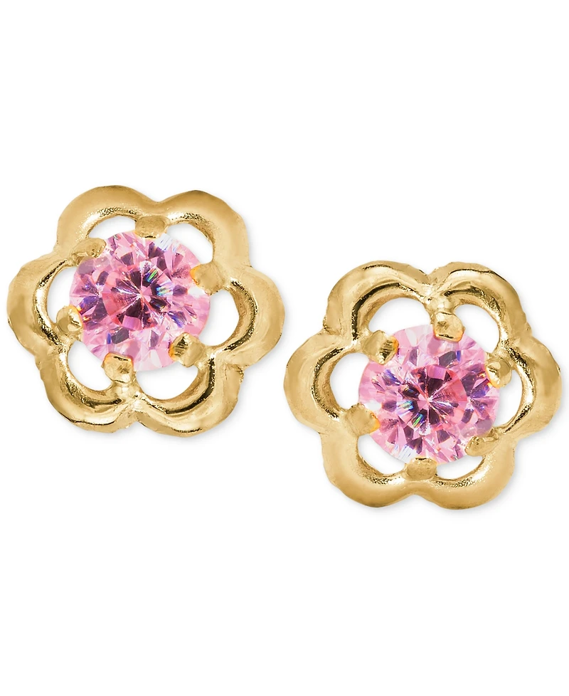 Children's Pink Cubic Zirconia Flower Screwback Stud Earrings in 14k Gold