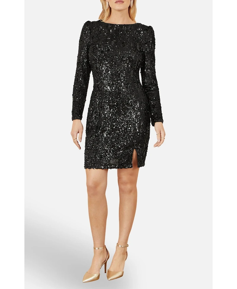 Yumi Women's Sequin Long Sleeve Fitted Dress