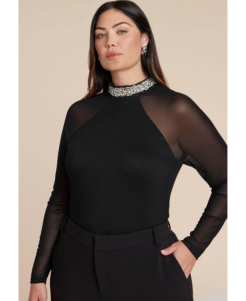 Eloquii Women's Embellished With Sheer Sleeves Top