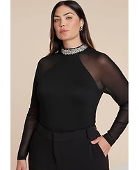 Eloquii Women's Embellished With Sheer Sleeves Top