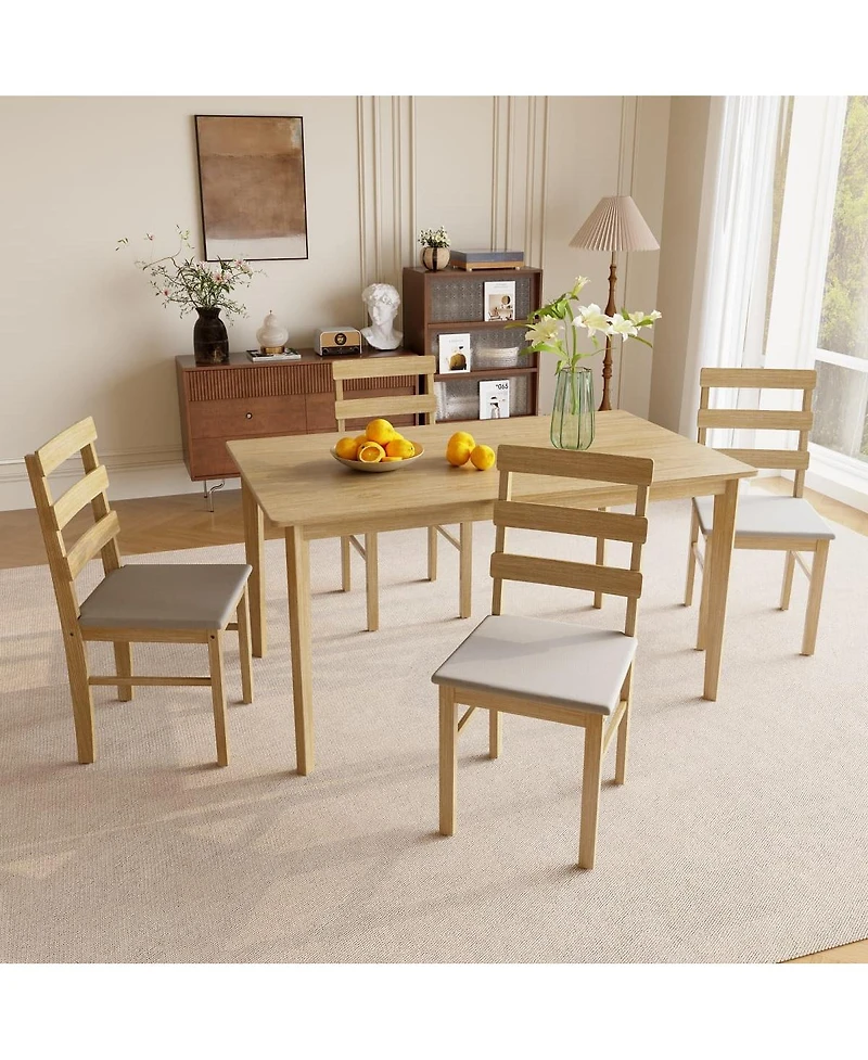 Maison Boucle 5-Piece Solid Wood Dining Table Set with 4 Upholstered Chairs, Natural Finish Kitchen Table and Chair Set for Dining Room
