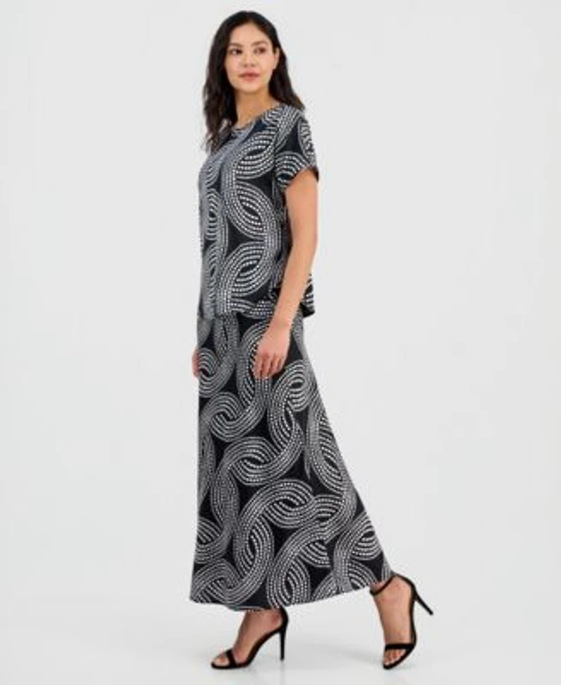 Anne Klein Womens Printed Bateau Neck Short Sleeve Top Flared Pull On Skirt