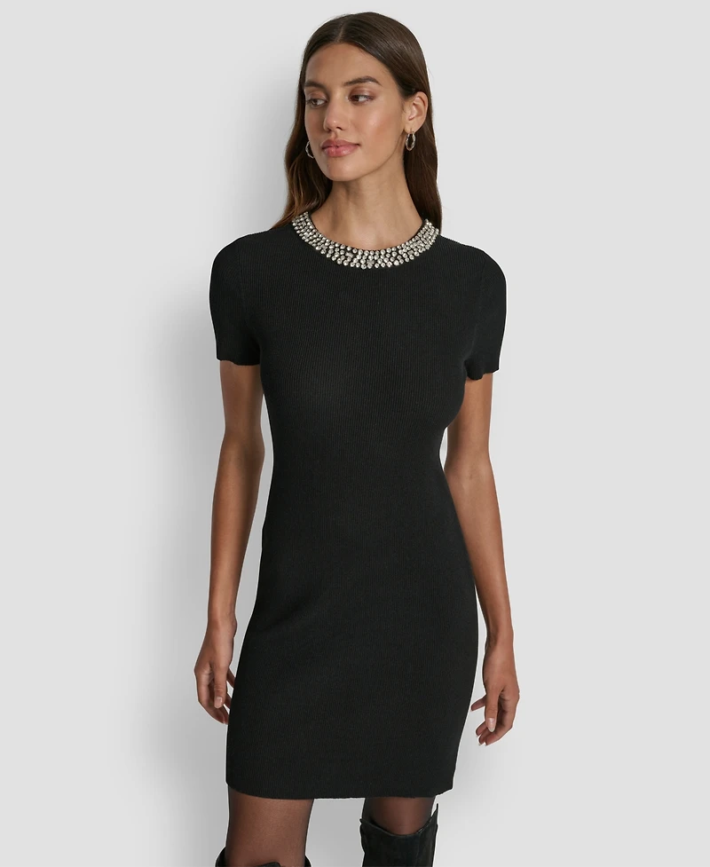Dkny Jeans Women's Short-Sleeve Embellished Neck Short Dress
