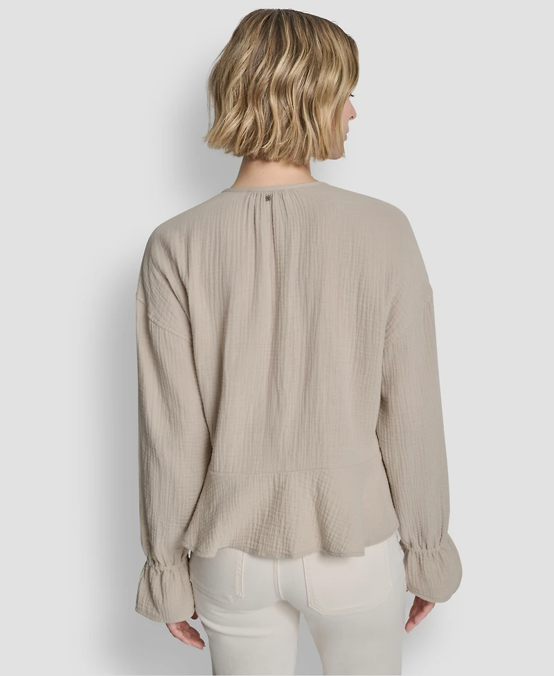 Dkny Jeans Women's Long-Sleeve Tie Neck Crop Top